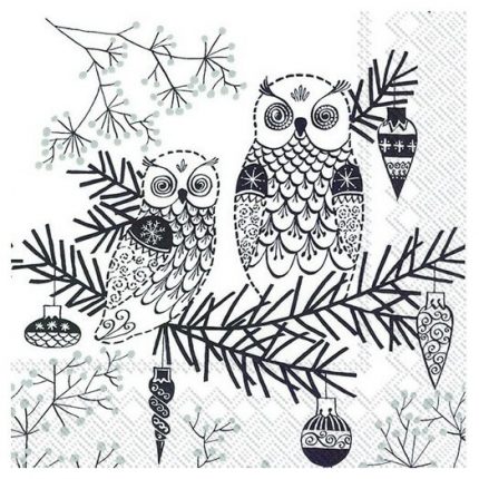 Χριστουγεννιάτικη χαρτοπετσέτα για decoupage, Owl ornament white black