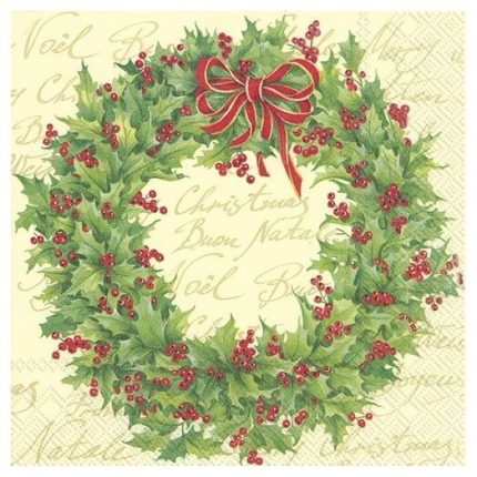 Χριστουγεννιάτικη χαρτοπετσέτα για decoupage, Holly wreath cream