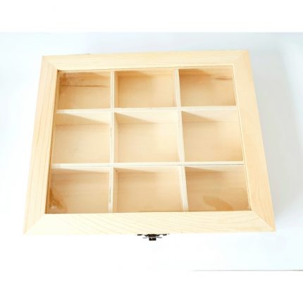 Κουτί ξύλινο με 9 θήκες και γυάλινο καπάκι, 21,5x17x4cm