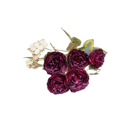 Τριαντάφυλλα με ορτανσίες, τεχνητό μπουκέτο, μπορντό-ivory, 30cm