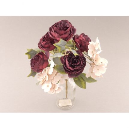 Τριαντάφυλλα με ορτανσίες, τεχνητό μπουκέτο, μπορντό-ivory, 30cm