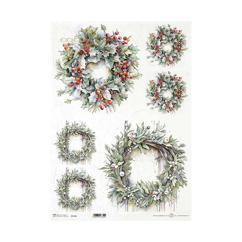 Ριζόχαρτο ντεκουπάζ ITD, Χριστουγεννιάτικα στεφάνια, 30x40cm, R1131L